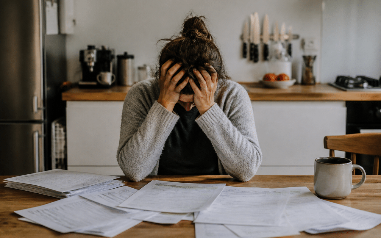 Personne assise, tête entre les mains, documents financiers éparpillés.