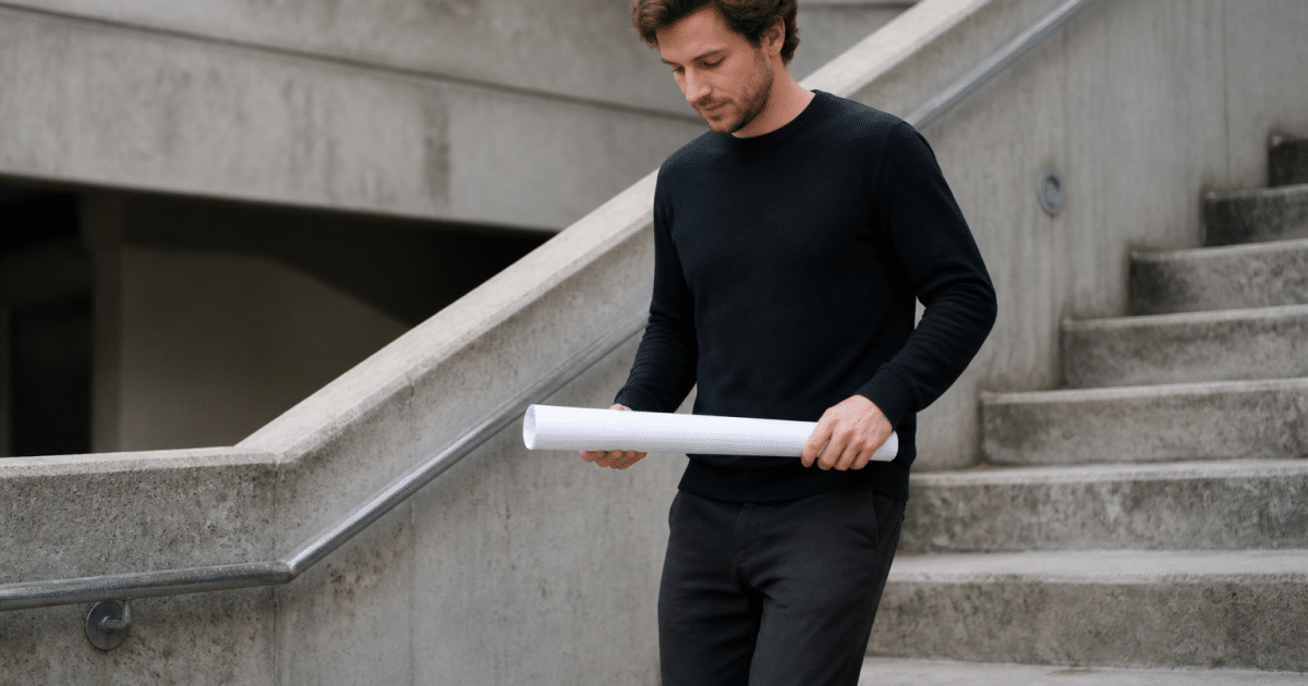 Personne descendant les escaliers avec un plan papier.