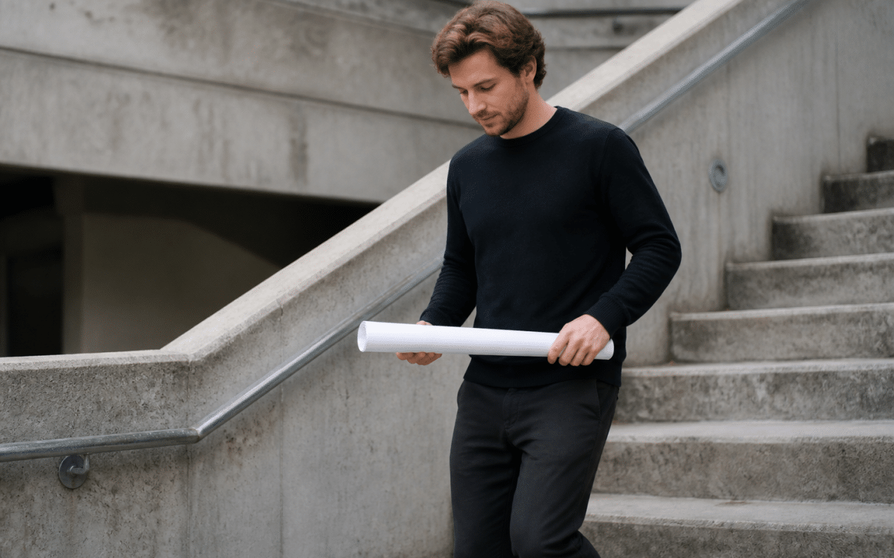 Personne descendant les escaliers avec un plan papier.