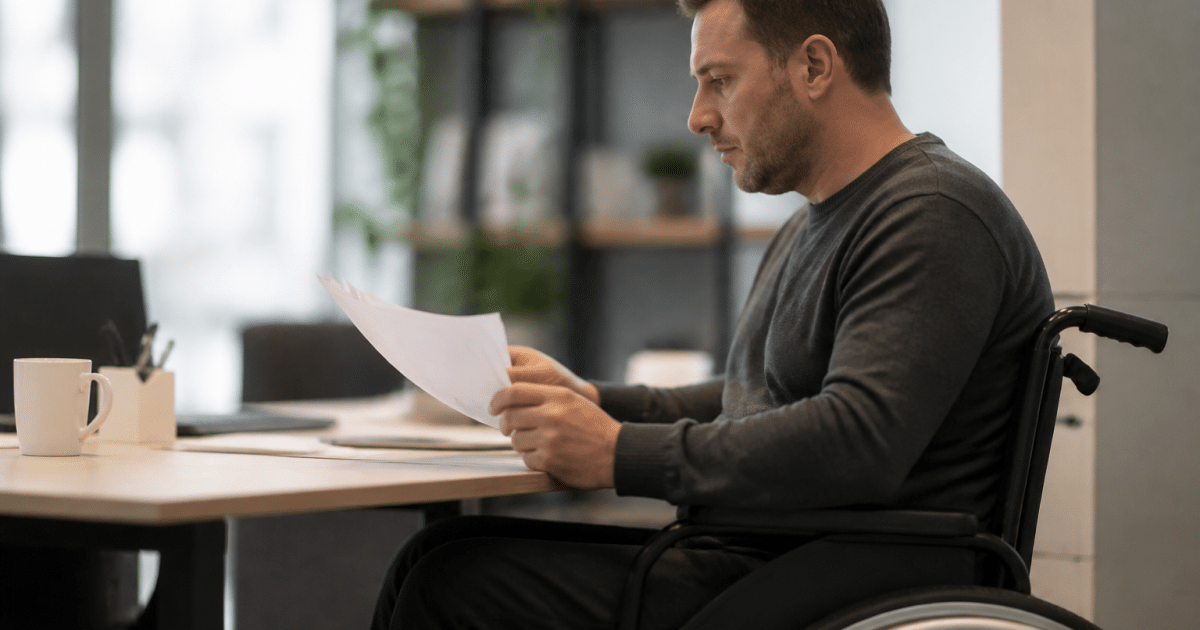 Personne en fauteuil roulant consultant documents financiers à bureau.