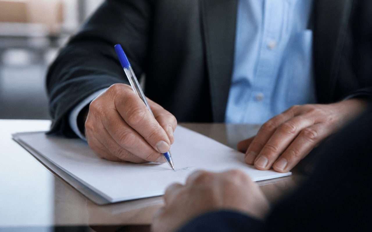 Personne signant document commercial avec stylo bleu.