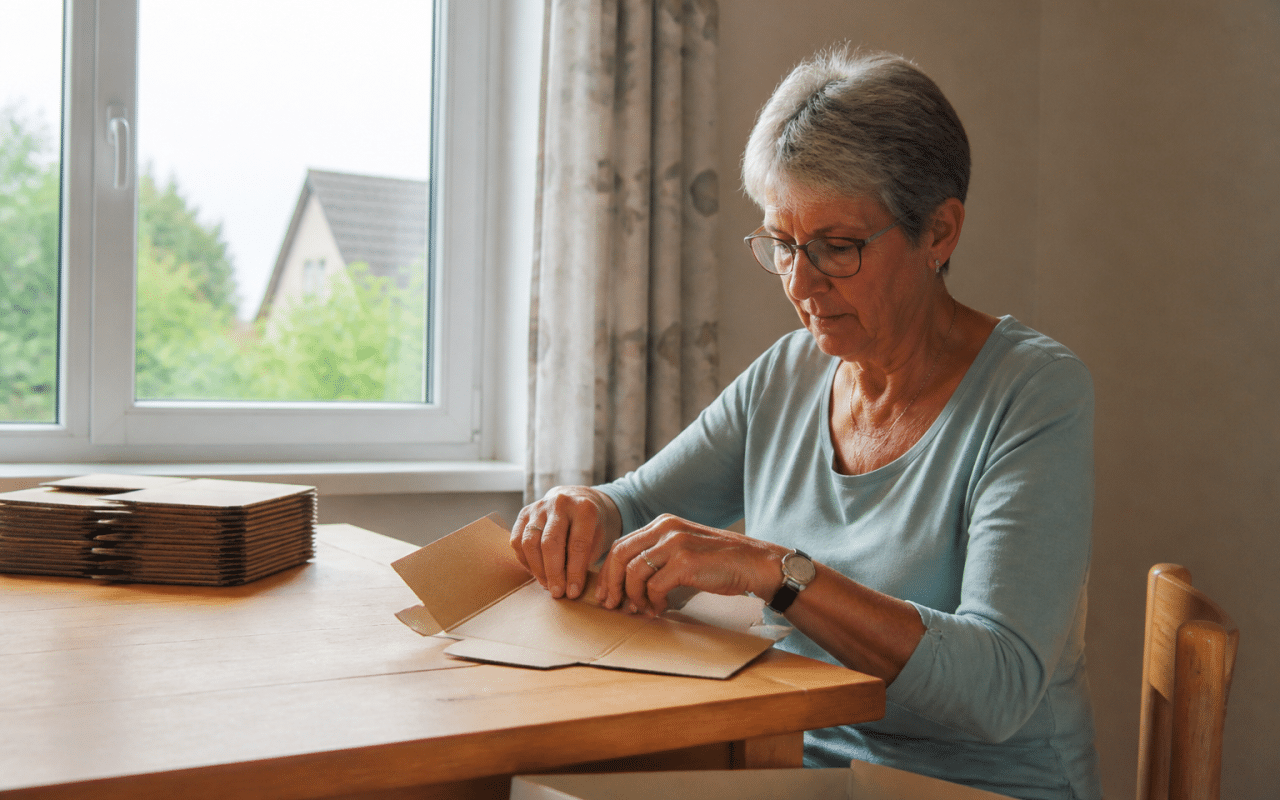 Personne assise à table pliant cartons d'emballage
