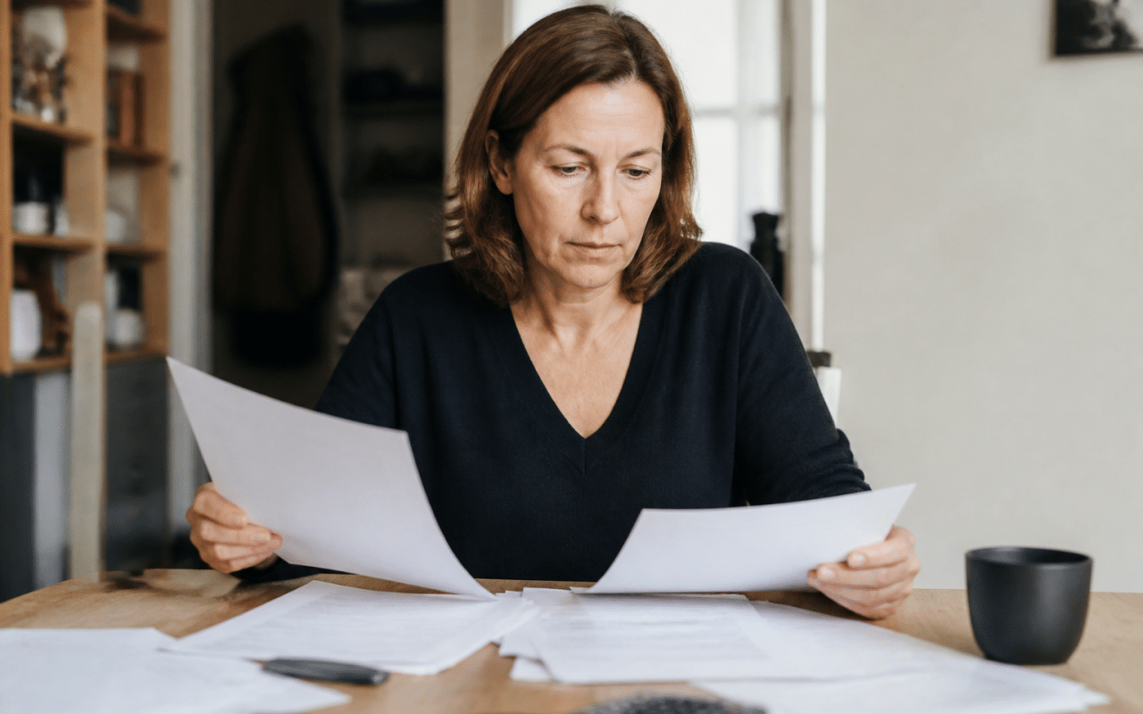 Personne assise à table consulte documents financiers papier