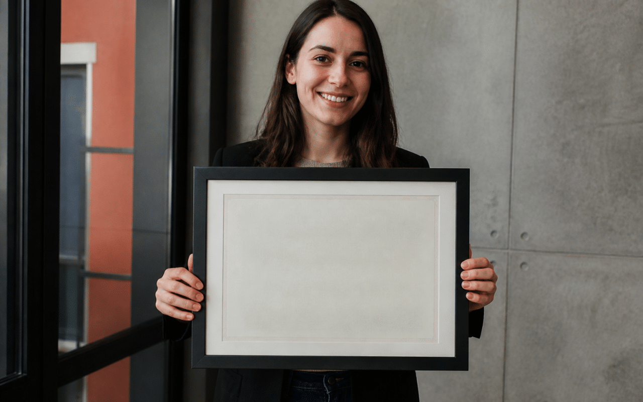 Personne tenant un parchemin diplome encadre devant elle