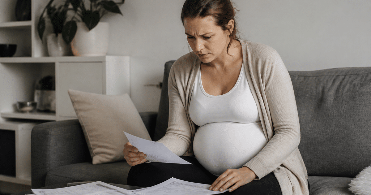 Femme enceinte tenant documents medicaux, mine preoccupee.