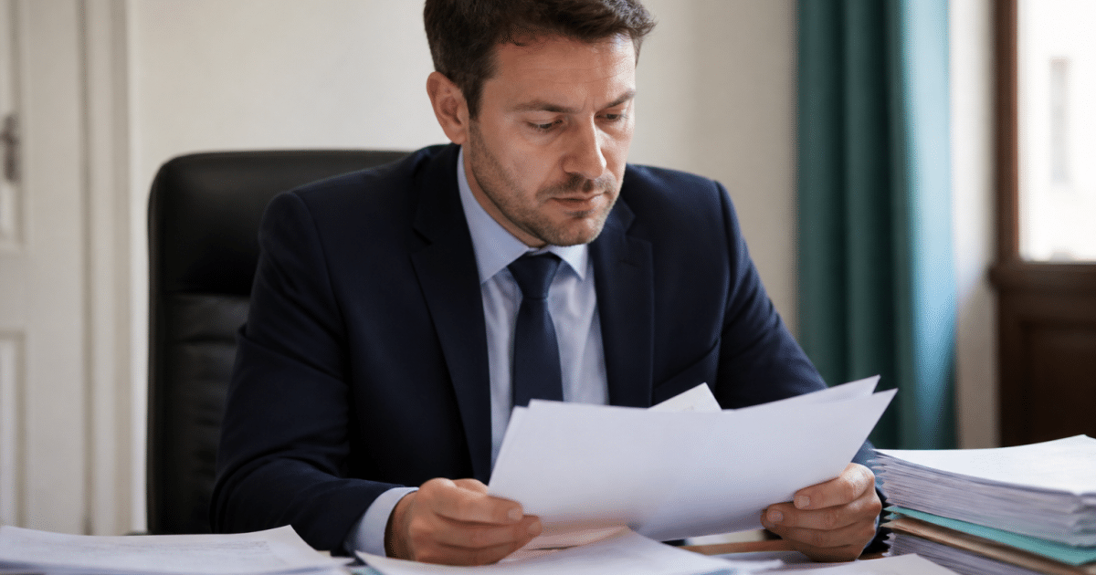 Homme en costume assis devant documents budgetaires officiels