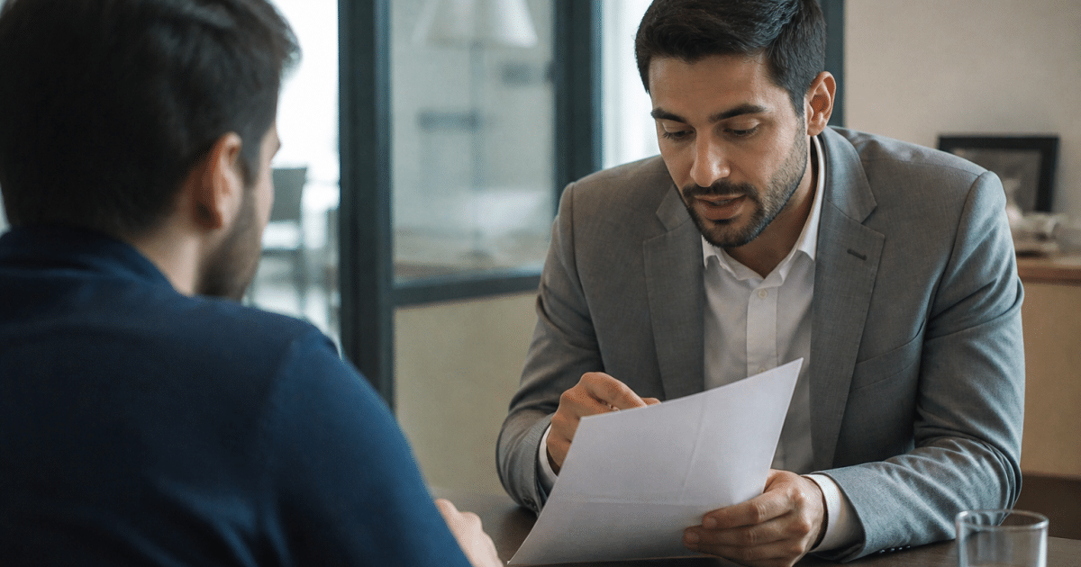Conseiller bancaire presentant document pret sans interet client