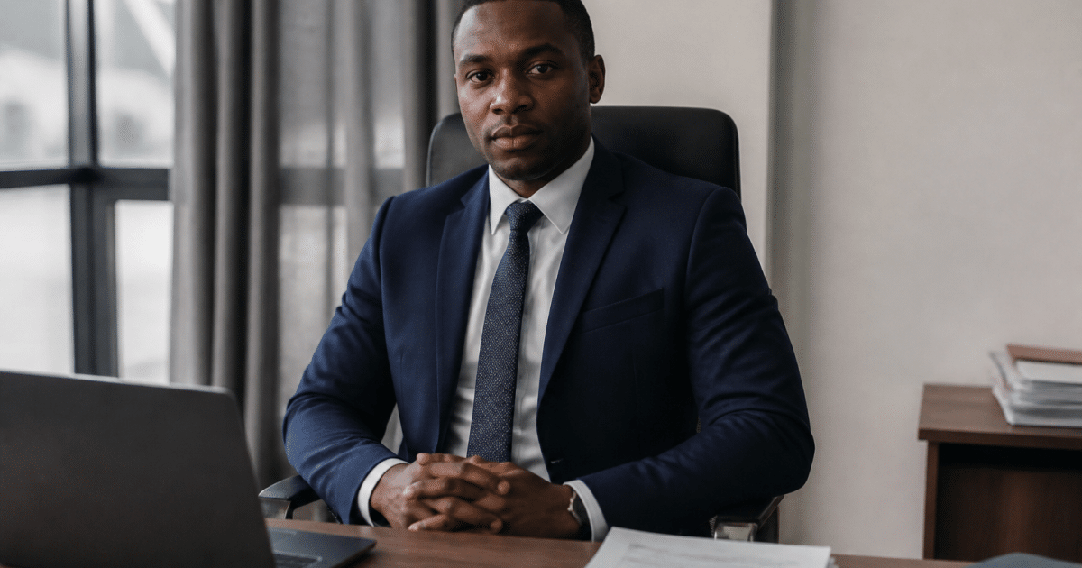 Professionnel en costume assis derriere son bureau