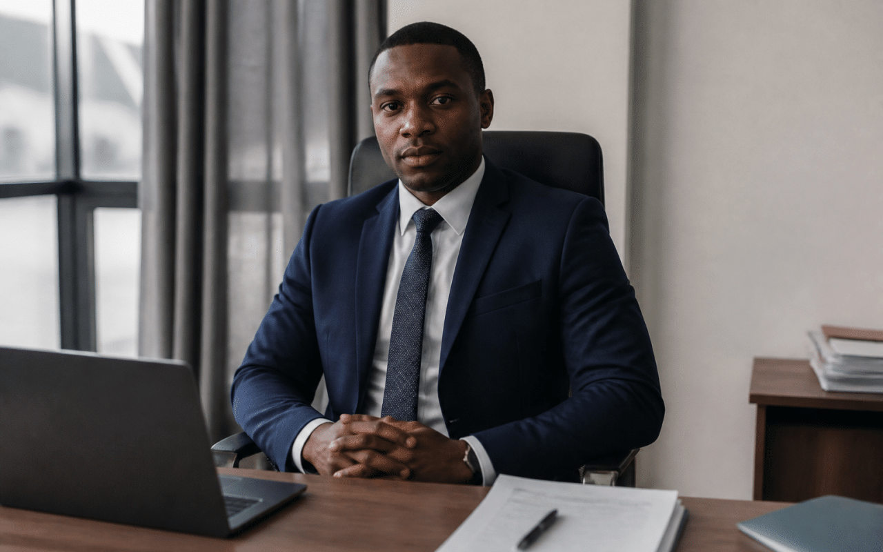 Professionnel en costume assis derriere son bureau