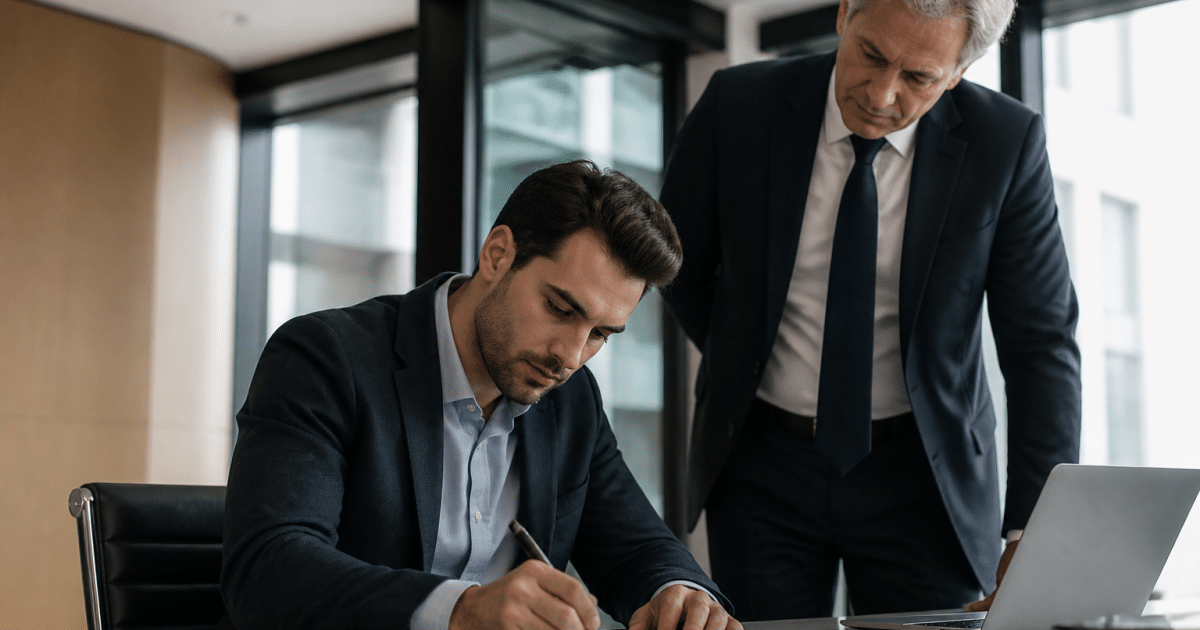 Homme assis à bureau signant document avec patron debout observant