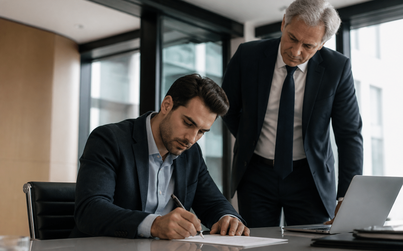 Homme assis à bureau signant document avec patron debout observant