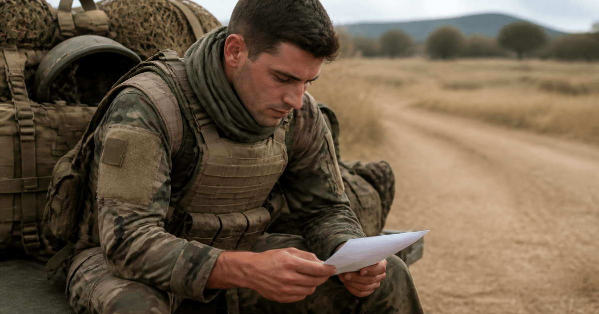 Soldat en uniforme consulte document salaire militaire terrain