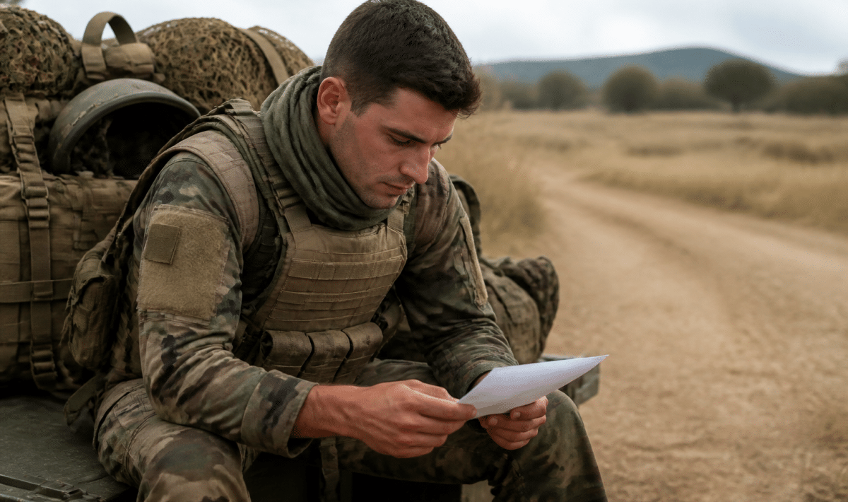 Soldat en uniforme consulte document salaire militaire terrain