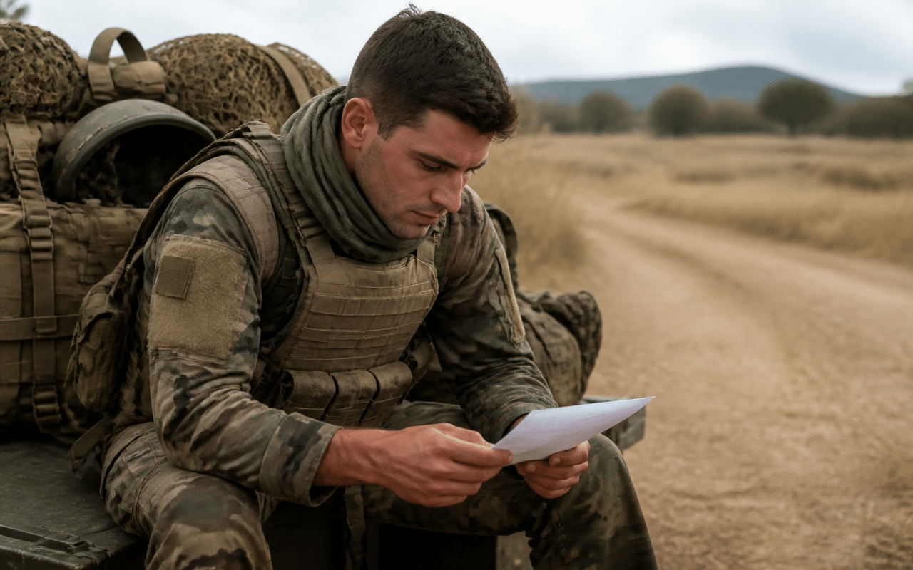 Soldat en uniforme consulte document salaire militaire terrain