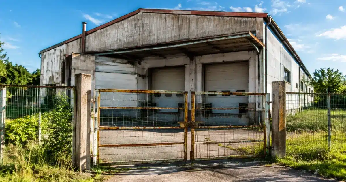Batiment d'abattoir desaffecte aux portes fermees et barrierees