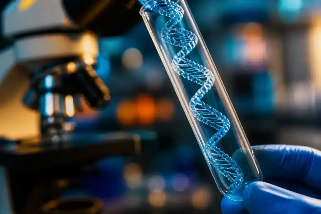 Molecules ADN spirales brillantes dans tube laboratoire