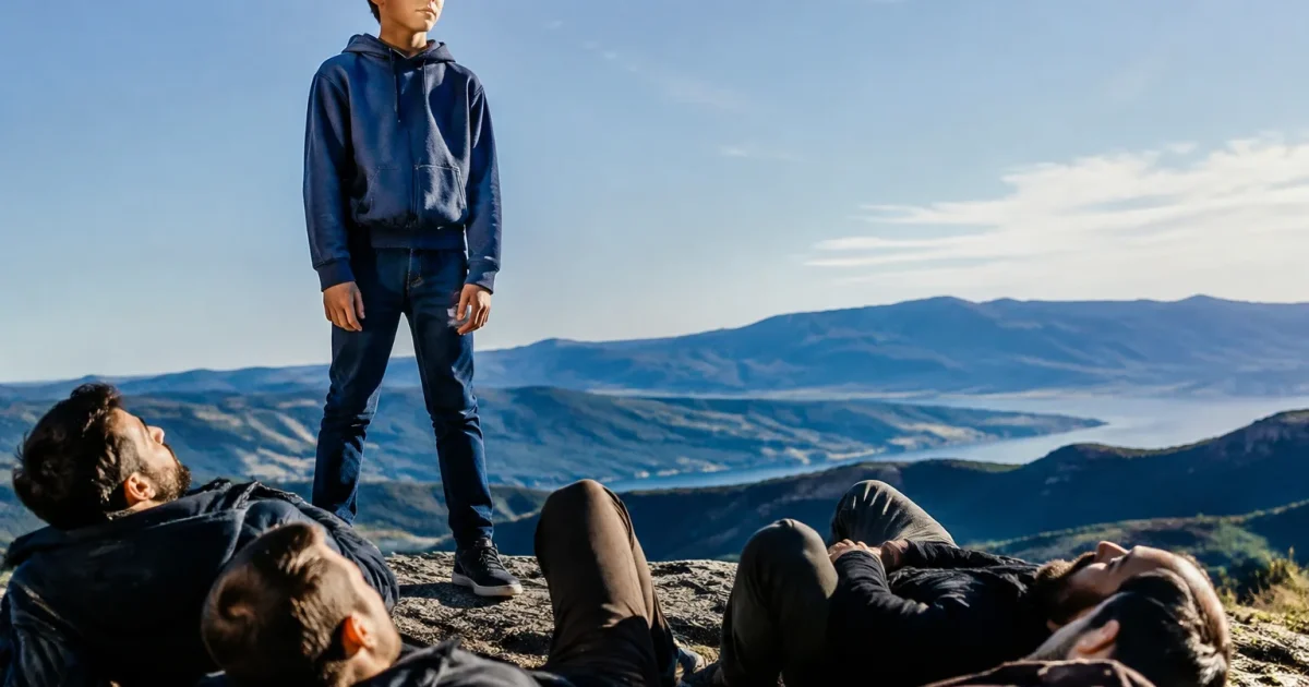 Jeune adolescent debout surplombant plusieurs hommes immobiles