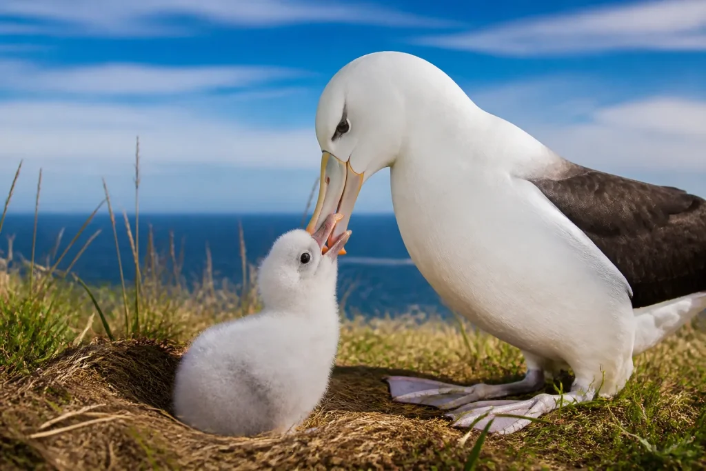 Albatros adulte blanc soignant son petit oisillon