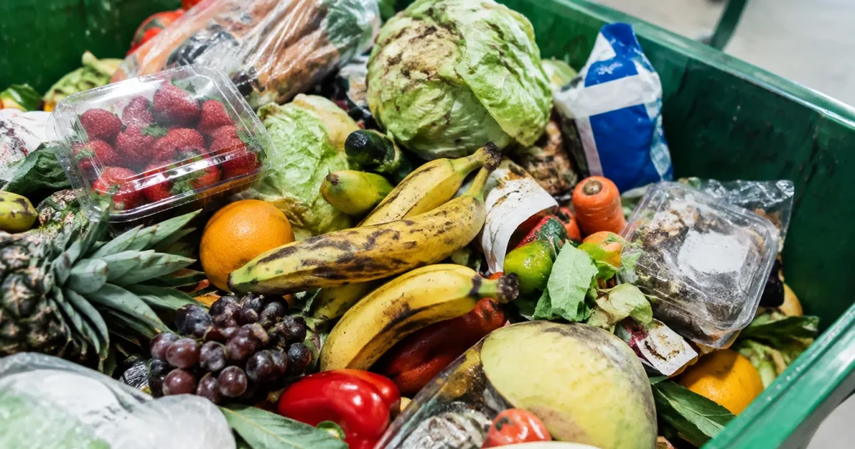 Aliments pourris et jetes empiles dans benne supermarche