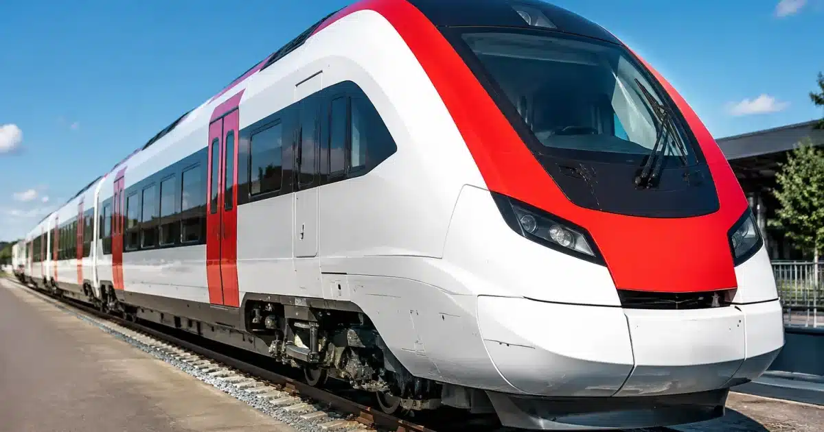 Nouveau train blanc et rouge stationne sur rails exposition