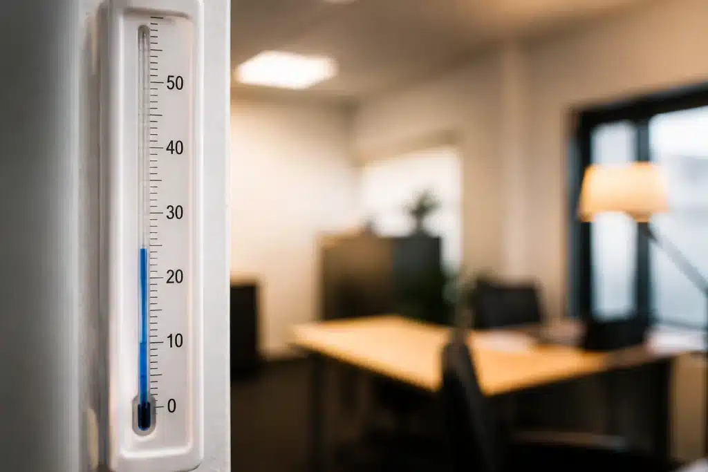Thermometre affichant dix-neuf degres dans bureau chauffé
