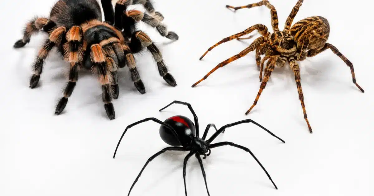 Trois araignees differentes posees sur surface blanche montrant morphologies distinctes