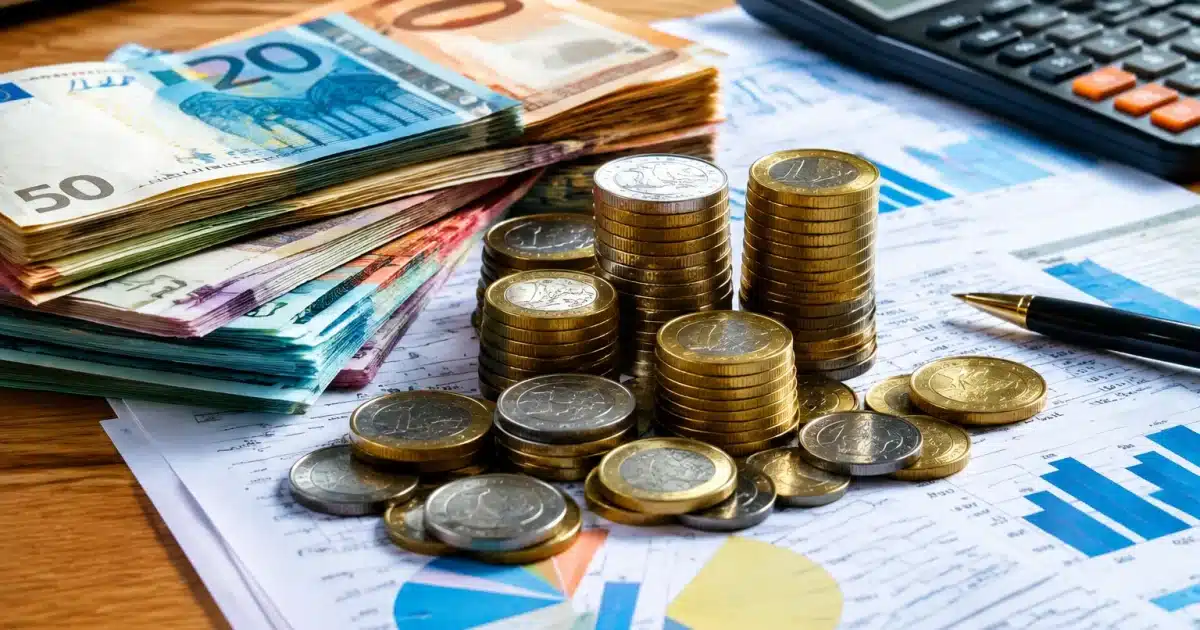 Piles de billets et pieces dispersees sur document financier comptable