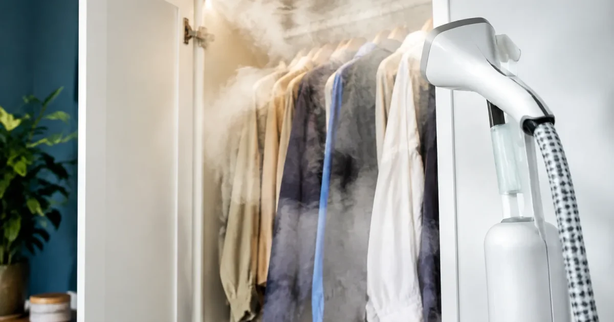 Armoire blanche degageant brume chaude vers vetements accroches