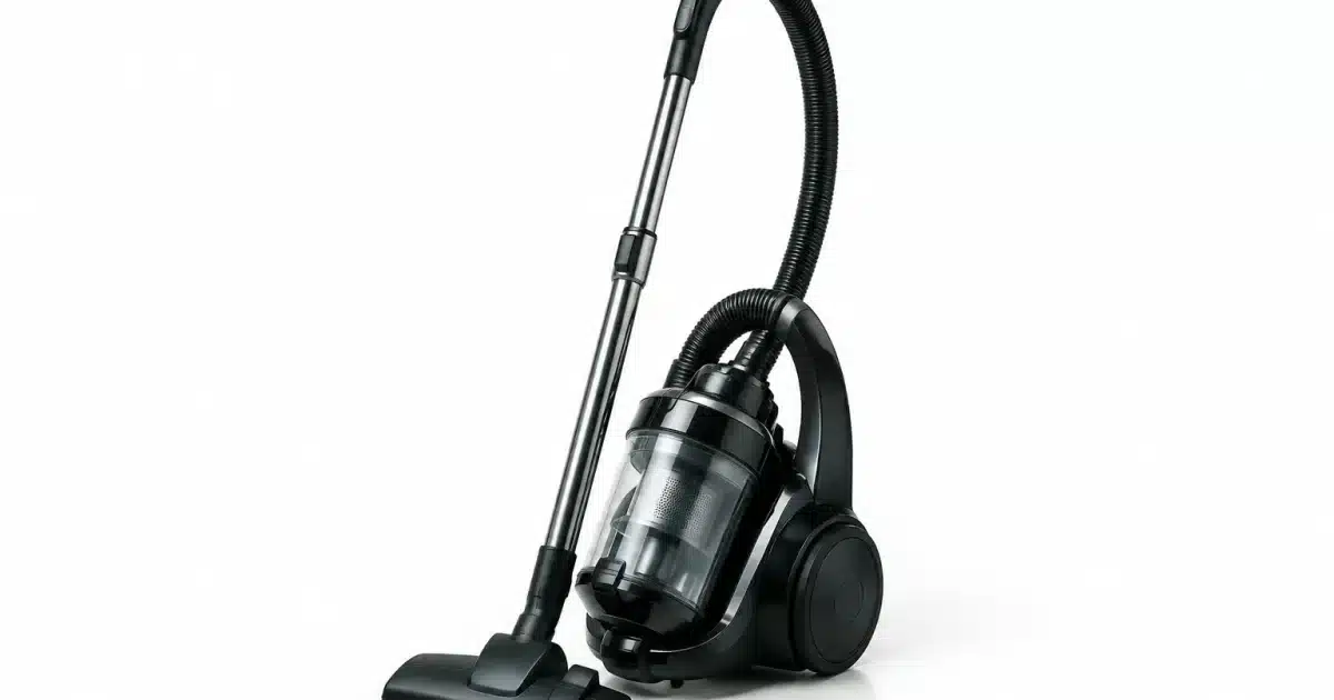 Aspirateur cyclonique noir debout sur sol blanc