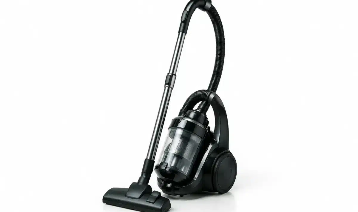 Aspirateur cyclonique noir debout sur sol blanc