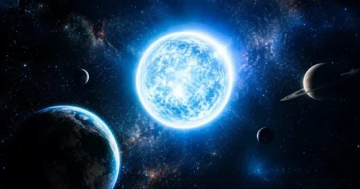 Corps celeste lumineux flottant dans l'espace noir entre planetes et etoiles