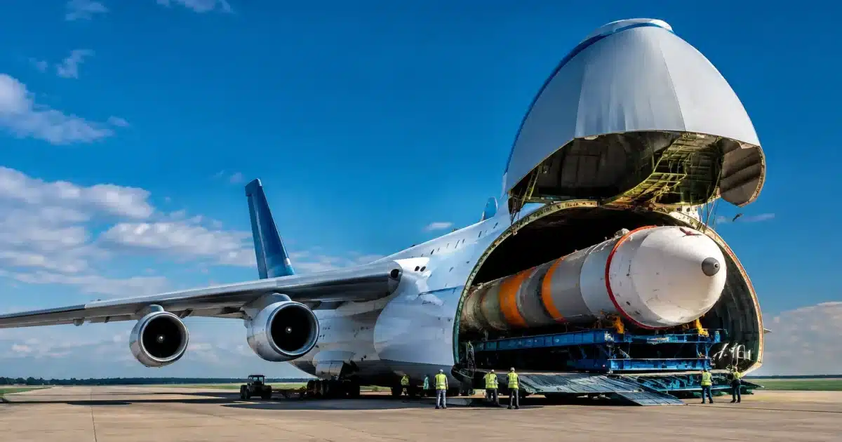 Immense avion cargo en position horizontale transportant fusee spatiale
