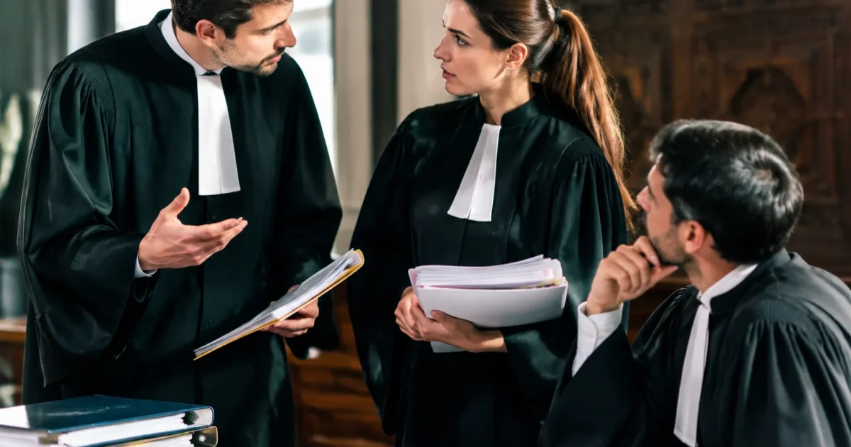 Avocats debout dossiers discussion defense etudiant