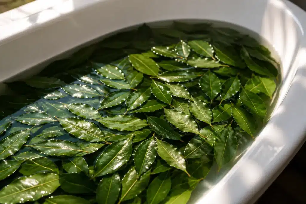 Baignoire remplie d'eau avec feuilles vertes de laurier flottantes
