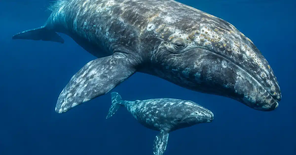 Baleine grise positionnee au-dessus de son petit immobile dans l'eau