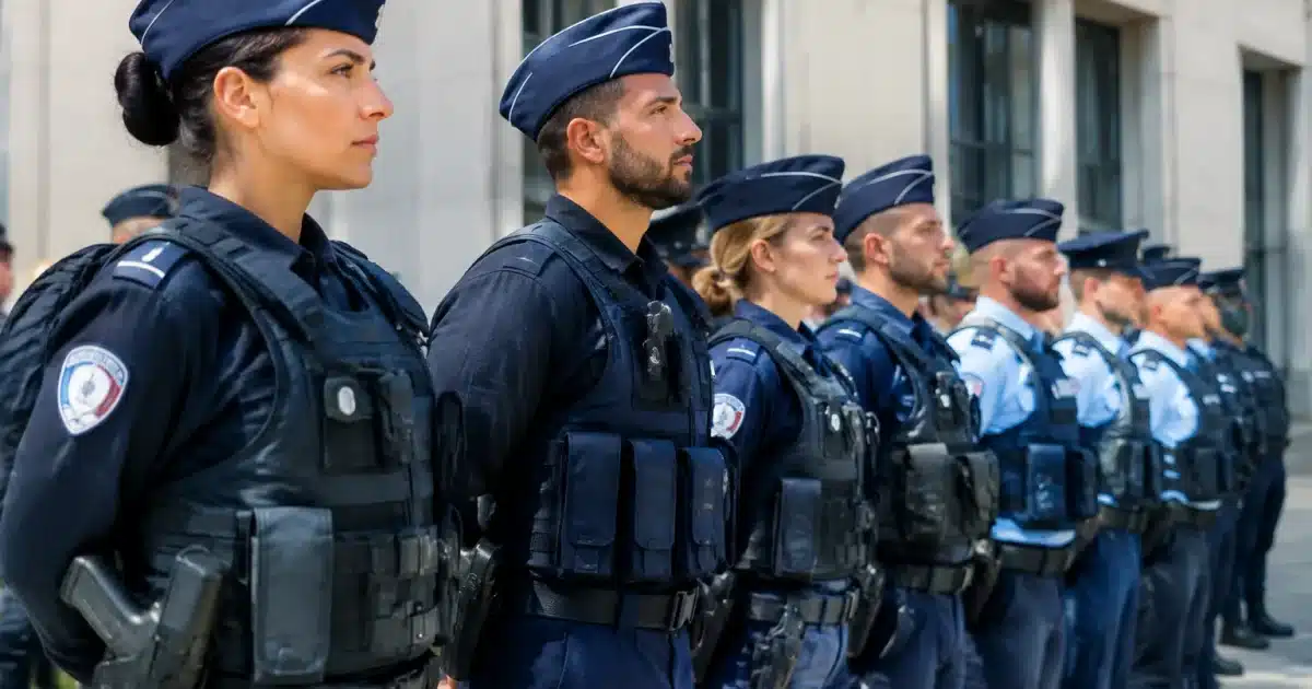 Officiers de police et gendarmes debout en formation uniforme devant bâtiment administratif