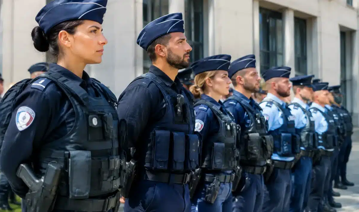 Officiers de police et gendarmes debout en formation uniforme devant bâtiment administratif