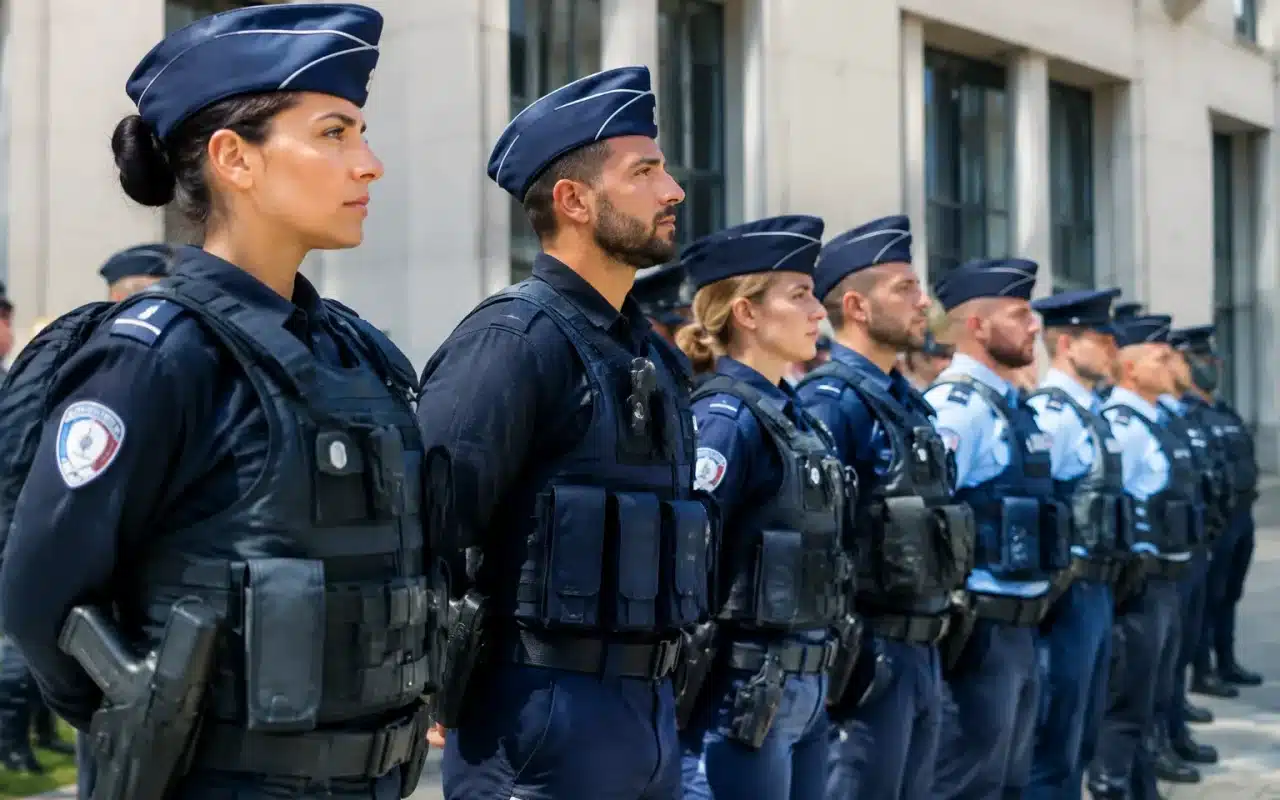 Officiers de police et gendarmes debout en formation uniforme devant bâtiment administratif