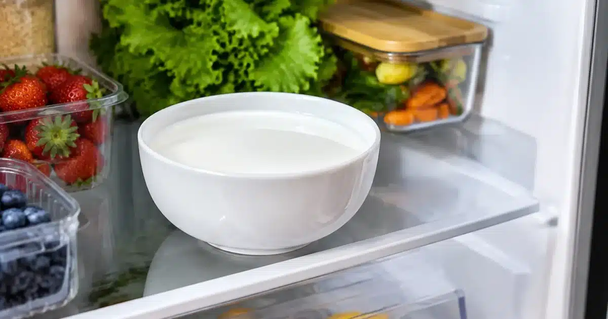 Bol blanc rempli lait posé sur etagere refrigerateur ouvert