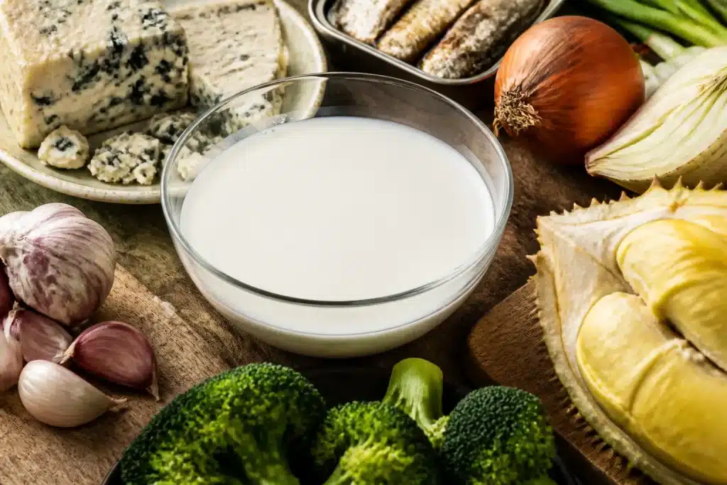Bol de lait blanc face à aliments odorants variés