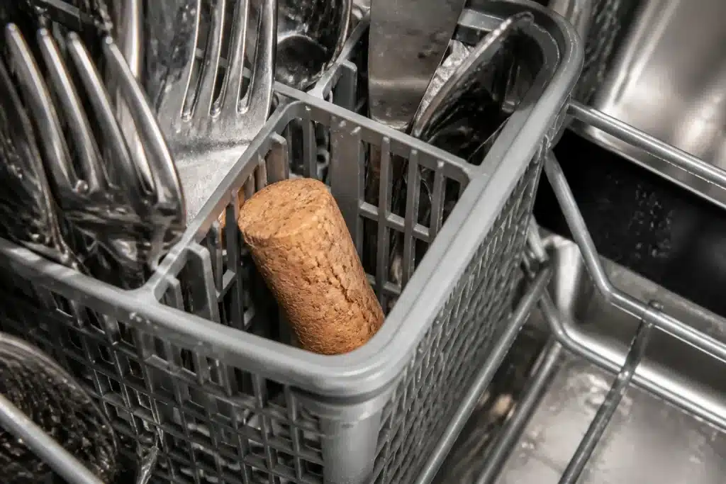 Bouchon liege naturel dans panier couverts lave-vaisselle