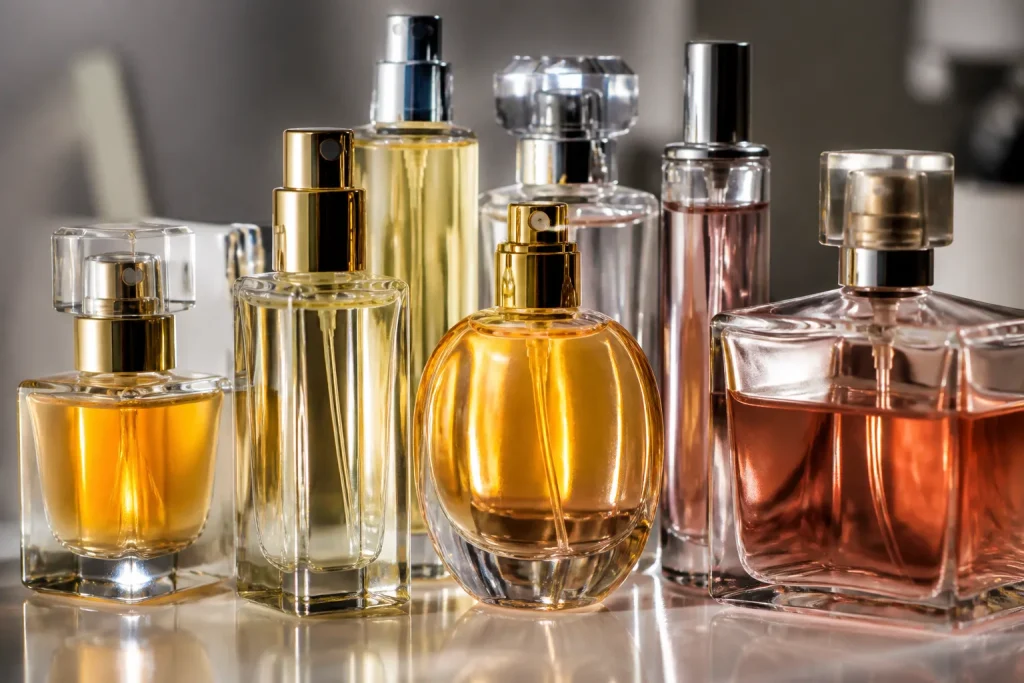 Bouteilles et sprays etiquetes mention fragrance vague