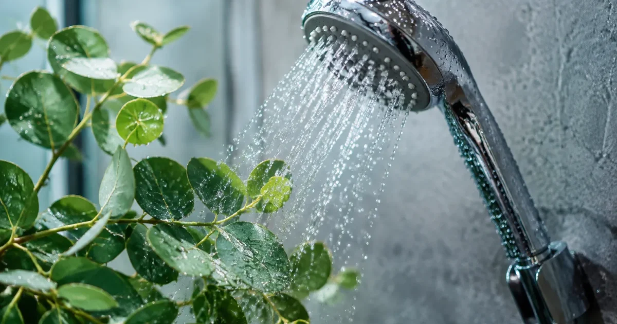Branche eucalyptus fixee pommeau douche gouttelettes brillantes