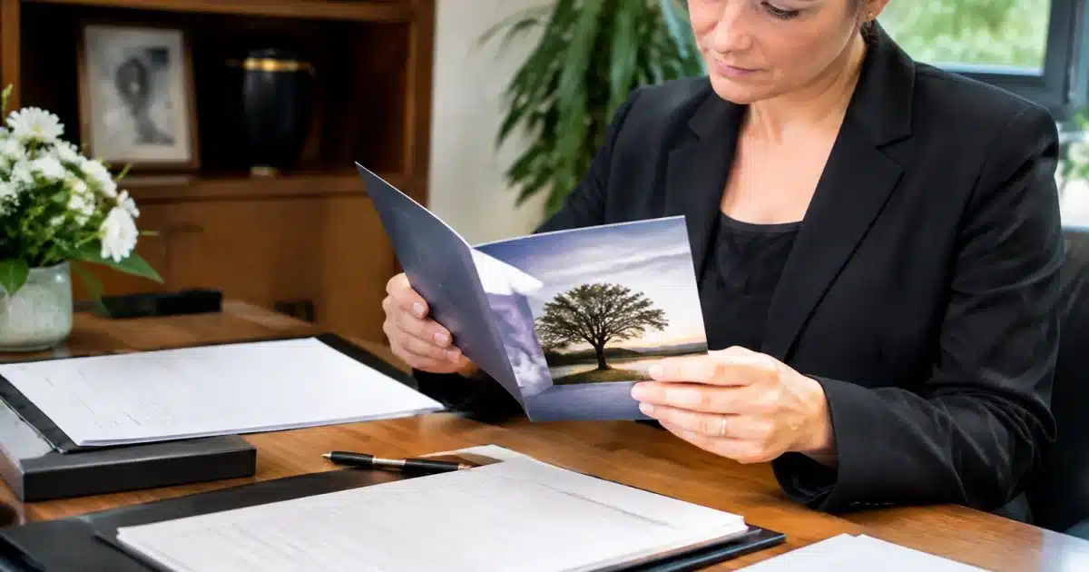 Brochure informative posee sur bureau avec documents administratifs funéraires