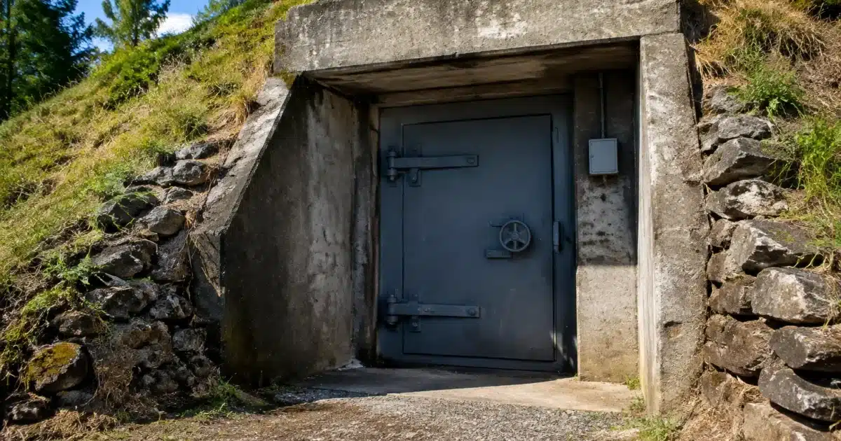 Bunker souterrain fortifié avec porte métallique fermée hermétiquement