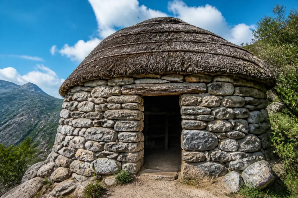 Cabane de pierres grises et terre compactee