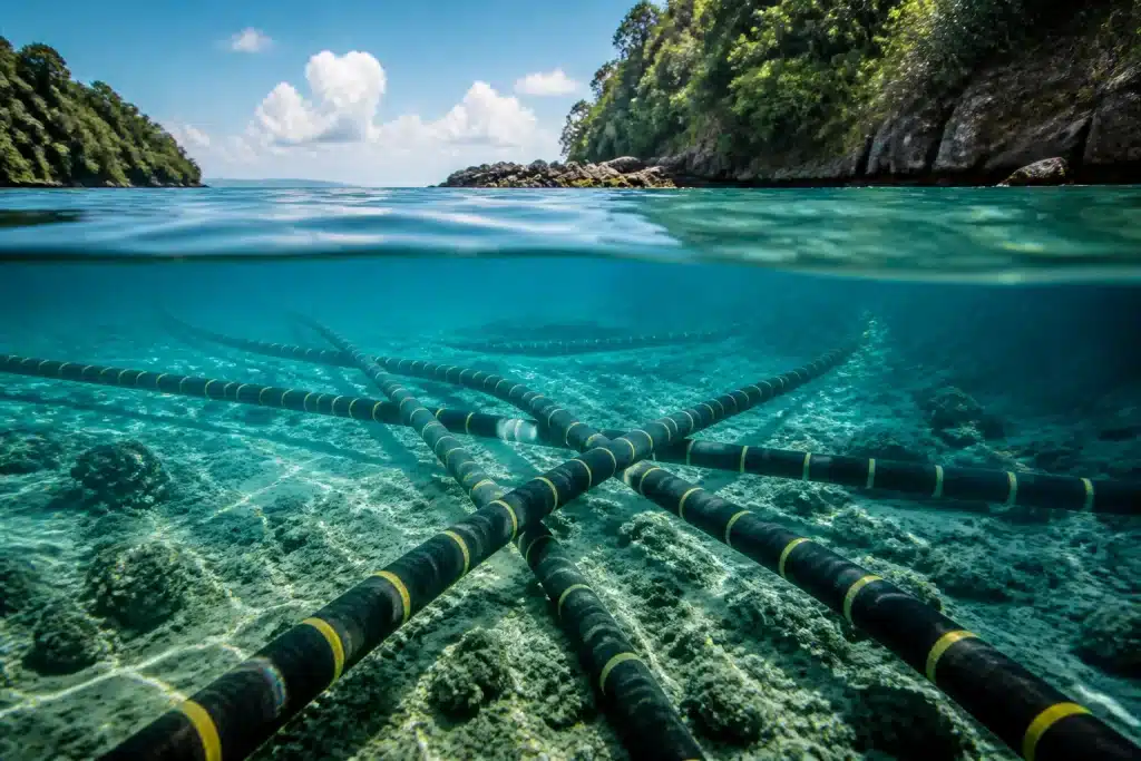 Cables sous-marins entrecroisés traversant détroits et mers tropicales