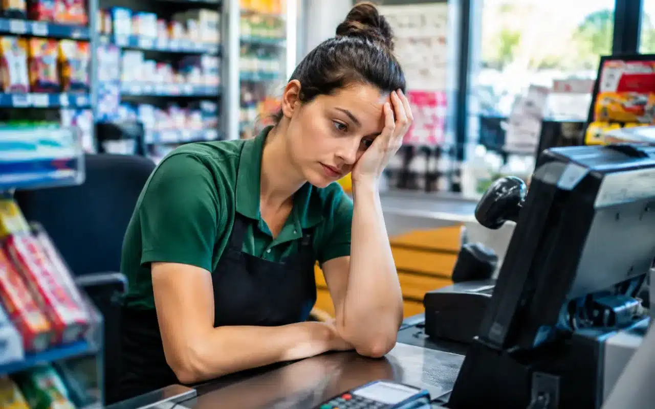 Caissiere fatiguee derriere son comptoir de magasin