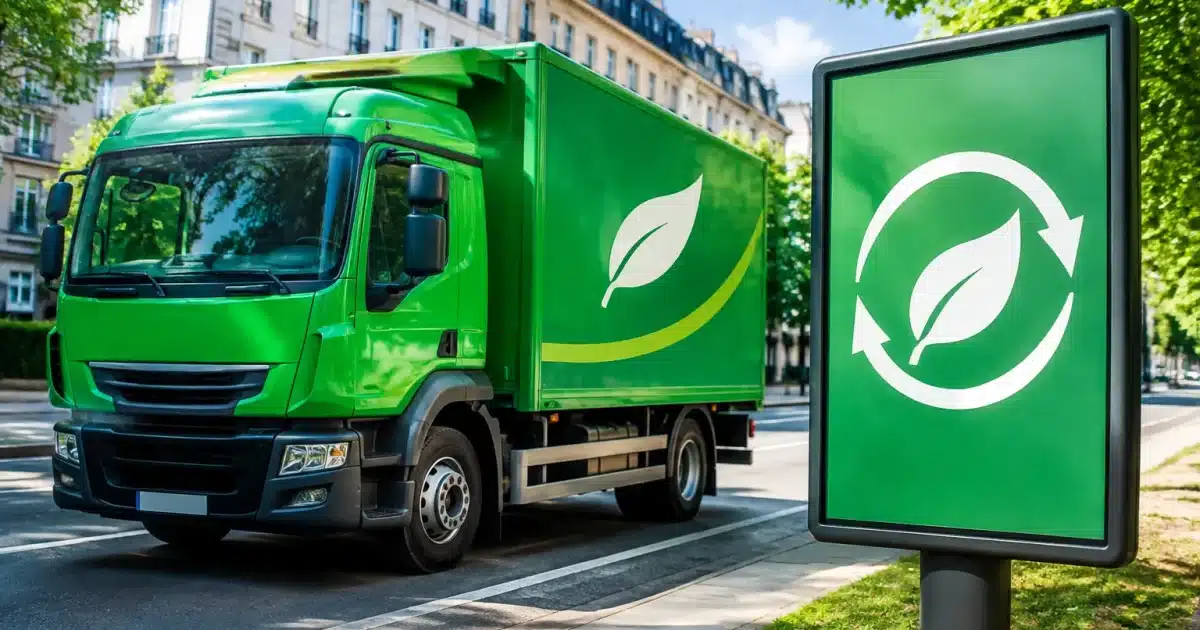 Camion postal vert avec panneau reduction emissions carbone affiche