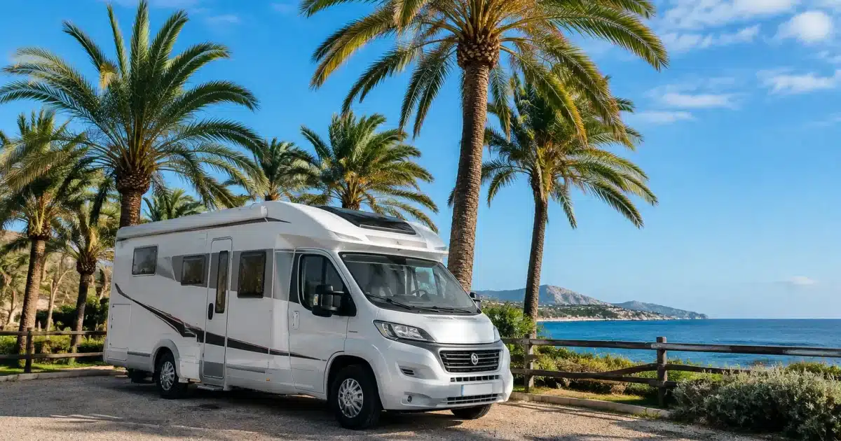 Camping-car stationne sous palmiers espagnols en hiver ensoleille